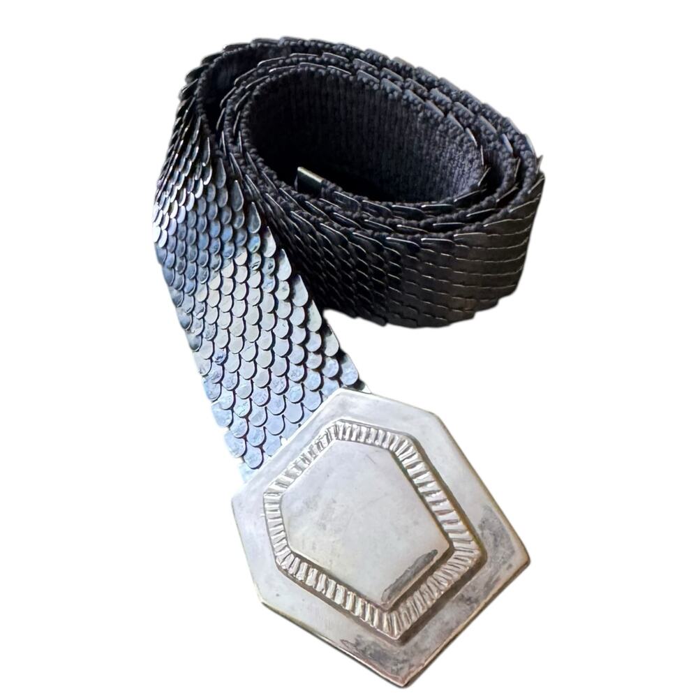 Vintage Silver Tone Scales Stretch Belt with Ornate Silver Buckle